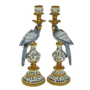 Suport Lumanare Blue Gold Parrot din Rasina D14x40cm