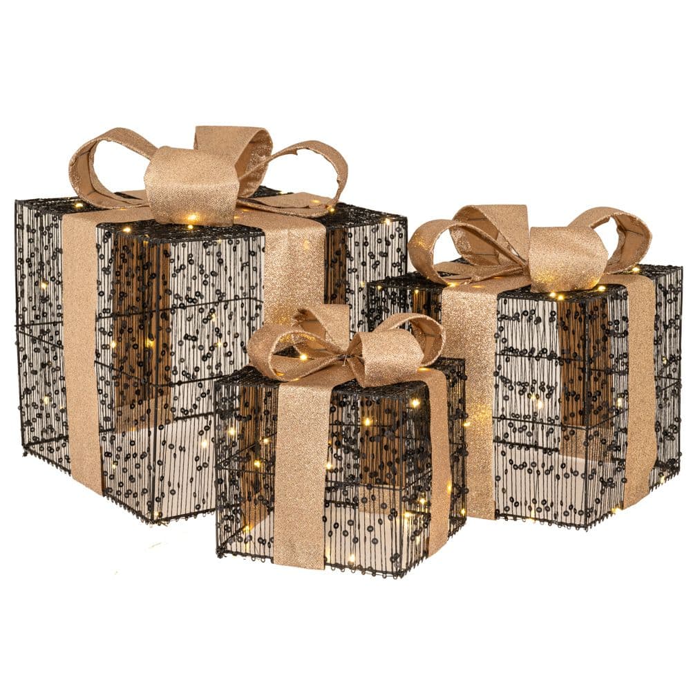 Set 3 Cadouri Decorative Black Gold cu LED 25x25x30cm