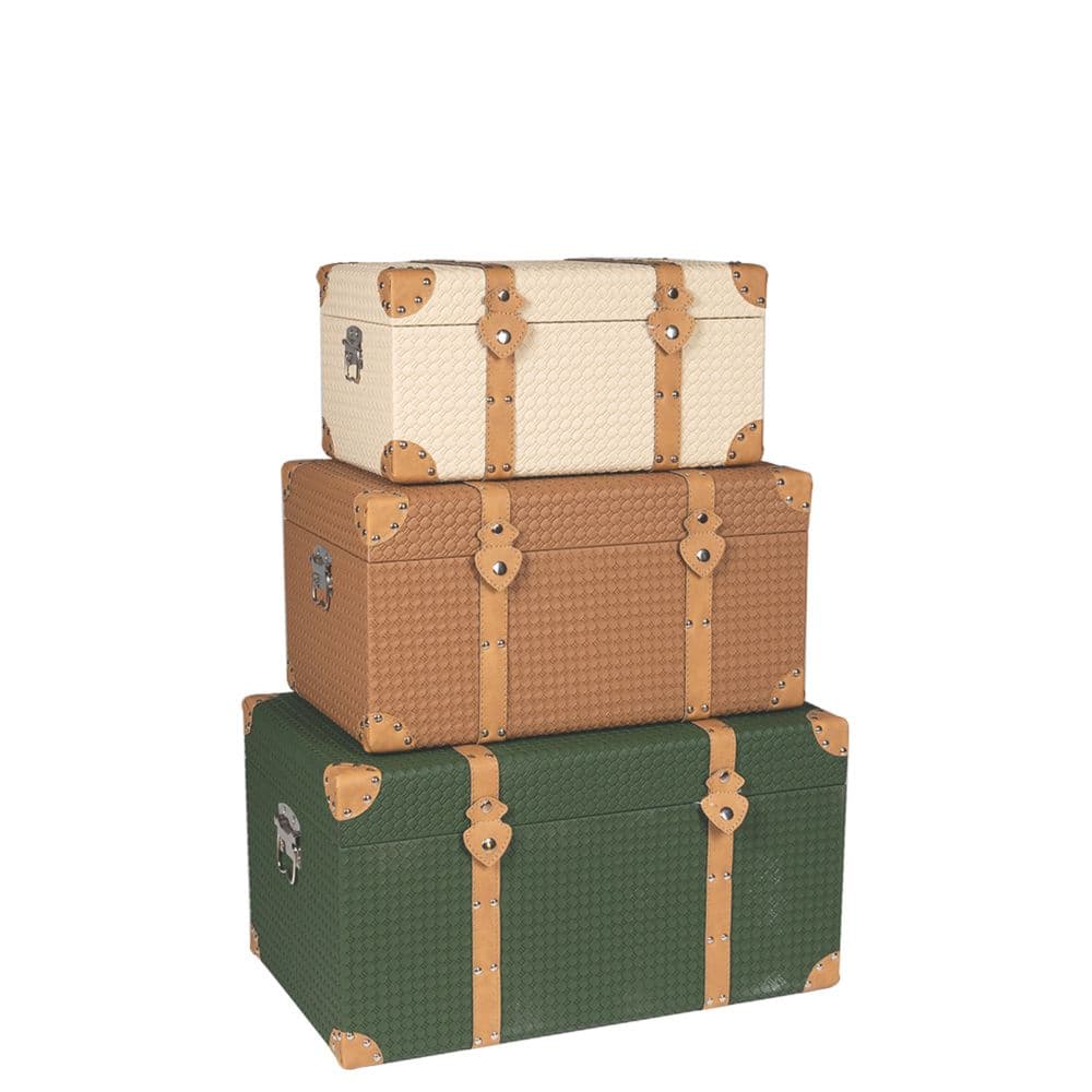 Set 3 Cufare Green Brown Ecru din PU cu Lemn 56x34x30cm
