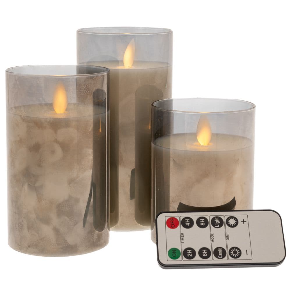 Set 3 Lumari LED Grey din Sticla cu Ceara D8x10/13/15cm