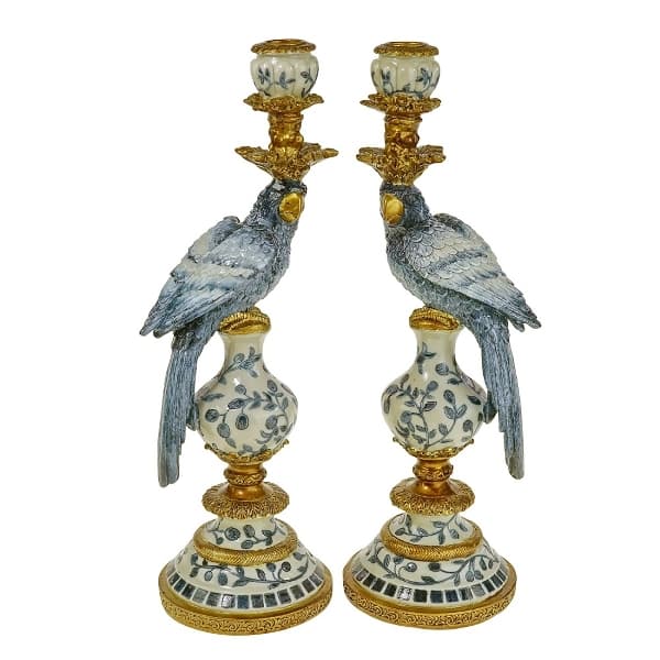 Suport Lumanare Blue Gold Parrot din Rasina D14x40cm