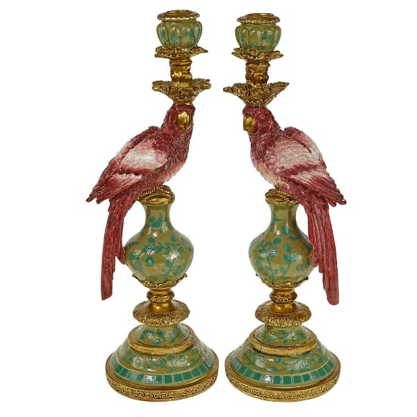 Suport pentru Lumanare Pink Green Parrot din Rasina D14x40cm