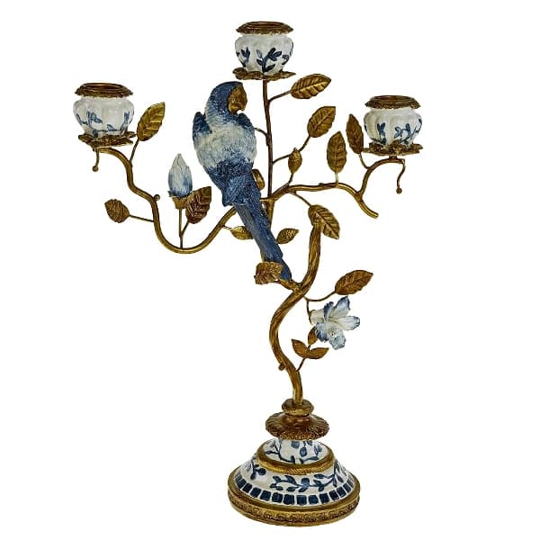 Suport pentru Lumanari Blue White Parrot din Rasina cu Metal 9x22x32cm