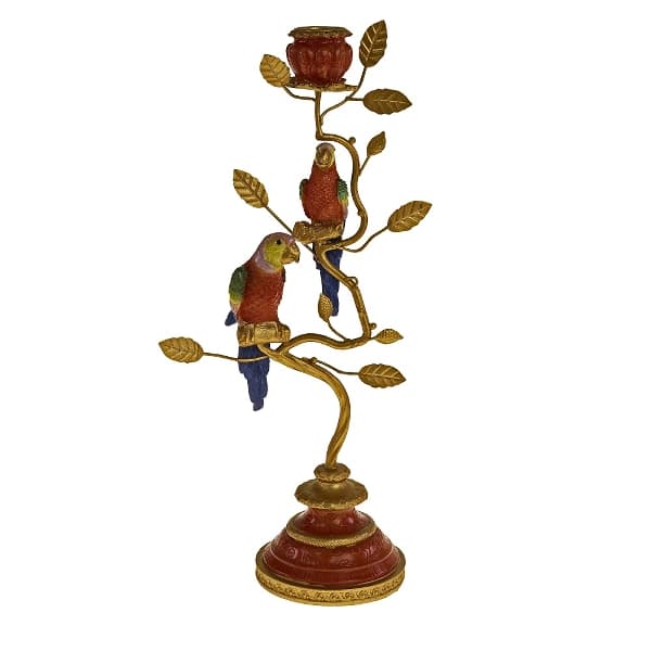 Suport pentru Lumanari Red Gold Parrots din Rasina 9x16x33cm