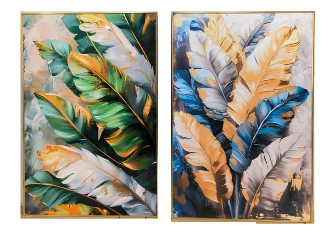 Tablou Green Blue Gold Leaves din Aluminiu cu MDF 80x4x120cm